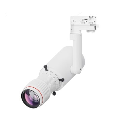 LED Explorer Konturen-Framing-Strahler in weißer Ausführung mit 20°–40° Objektiv, 4000 Kelvin und Potentiometer zur Dimmung für präzise Museums- und Galeriebeleuchtung.
