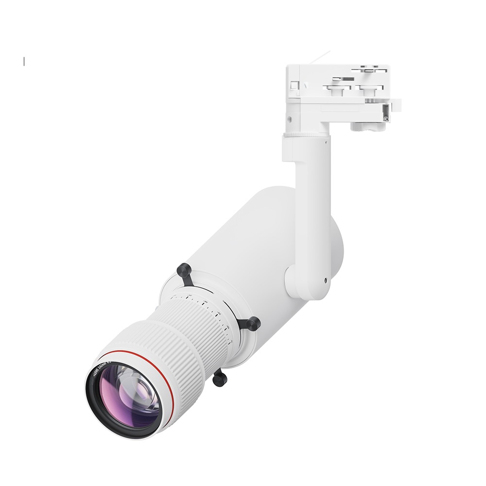 LED Explorer Konturen-Framing-Strahler in weißer Ausführung mit 20°–40° Objektiv, 4000 Kelvin und Potentiometer zur Dimmung für präzise Museums- und Galeriebeleuchtung.